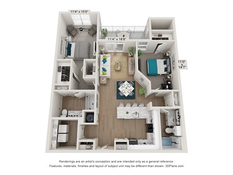 Floor plan for 2 beds, 2 baths, 1207 sqft